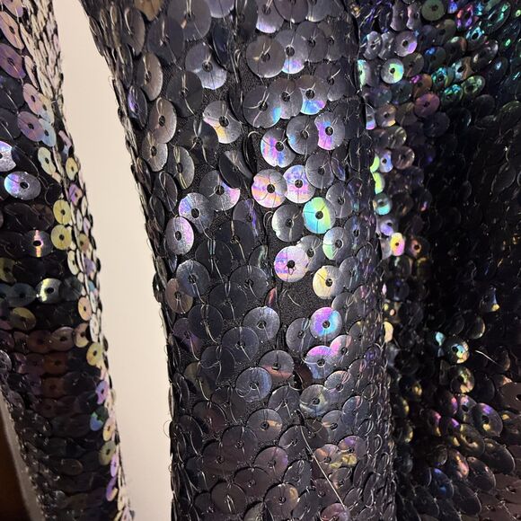 Vintage 70s Sequin Pants Black Iridescent Silk Lined High Waist Disco Glam - Picture 10 of 10